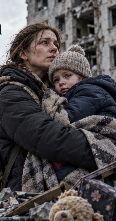Illustrative artwork showing a parent and child surrounded by war damage